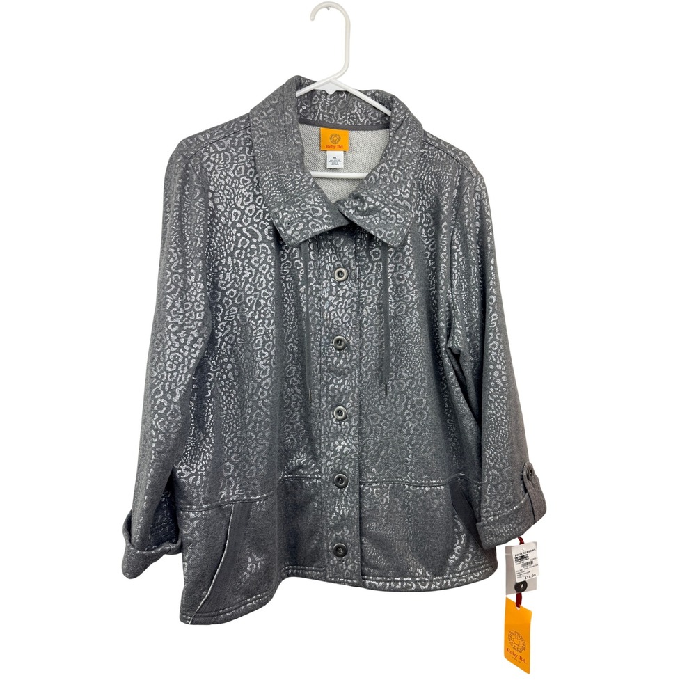 Ruby Rd Womens XL Grey Silver Foil Leopard Print Jacket 65133-SG - NEW